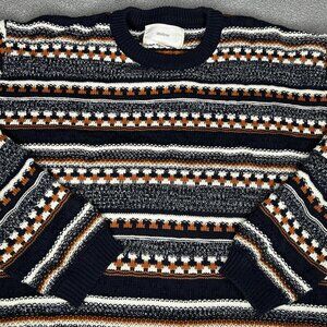 Lifetime Sweater Mens XL Navy Orange White Fair Isle Crewneck Knit Made in Italy